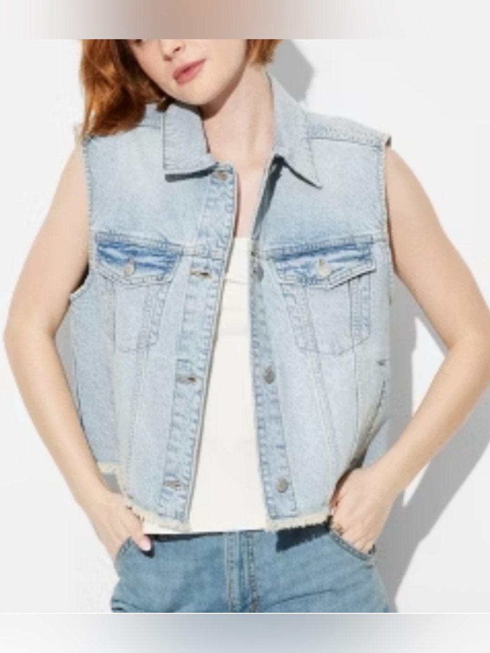 Wild Fable Oversized Cropped Denim Jean Raw Hem Button Front Cotton Vest Size XL
